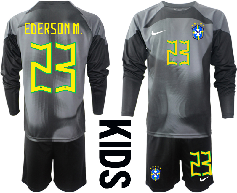 EDERSON M.23 Kindertrikot Brasilien 2022/23 Torwarttrikot Schwarz Langarm + Kurze Hosen