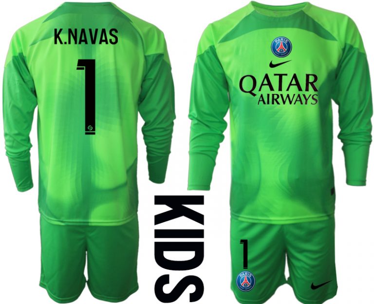 Kinder Paris Saint Germain PSG Goalkeeper 2022/23 grün Langarm Trikotsatz Kit K.NAVAS 1