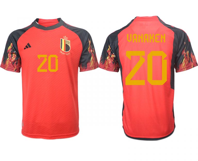 Belgien FIFA WM Katar 2022 rot schwarz Herren Heimtrikot Kurzarm mit Namen VANAKEN 20