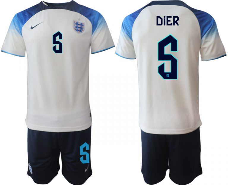 DIER #5 Herren England Fußball-WM 2022 Heimtrikot weiß blau Kurzarm + Kurze Hosen