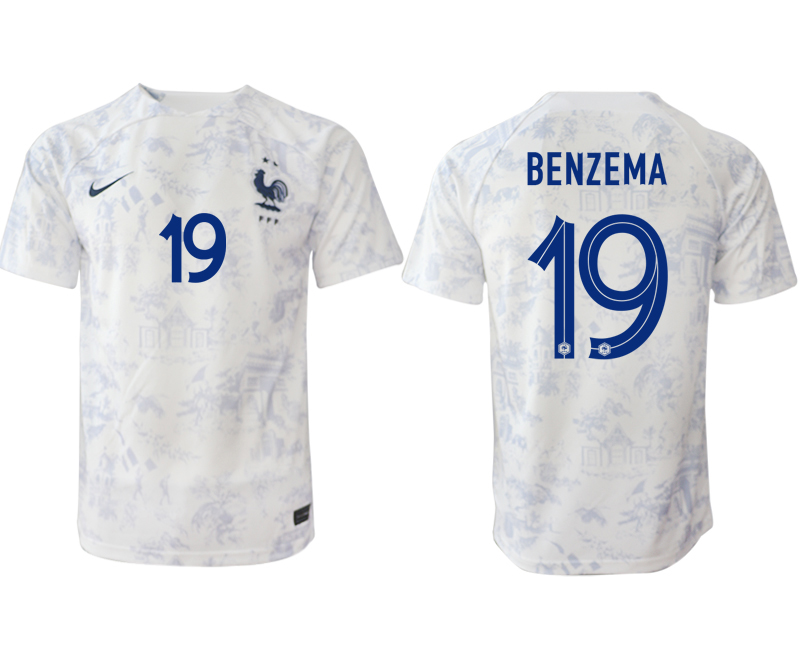 Fußballtrikot für Herren Frankreich Fußball WM 2022-23 Auswärtstrikot weiß Kurzarm BENZEMA 19