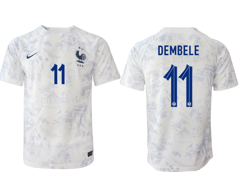 Fußballtrikot für Herren Frankreich Fußball WM 2022-23 Auswärtstrikot weiß Kurzarm DEMBELE 11