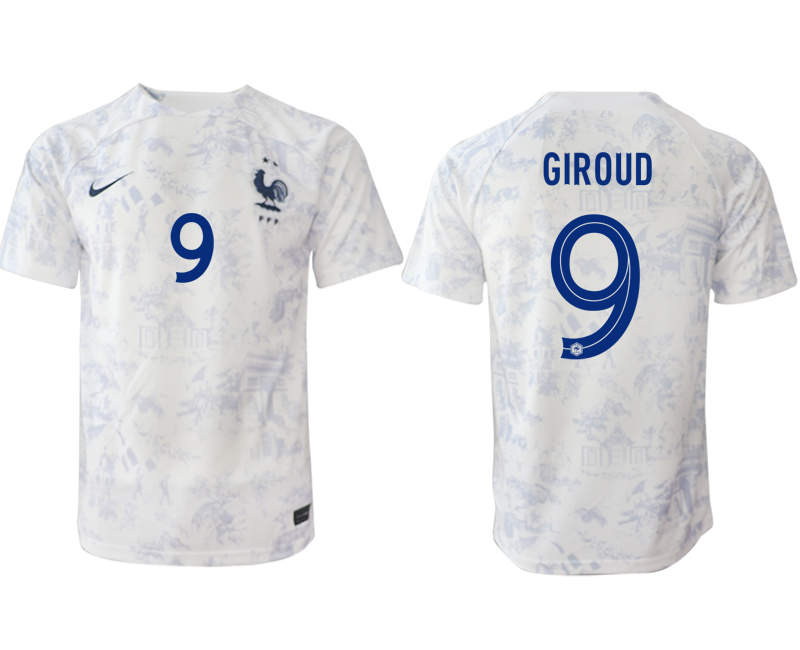 Fußballtrikot für Herren Frankreich Fußball WM 2022-23 Auswärtstrikot weiß Kurzarm GIROUD 9