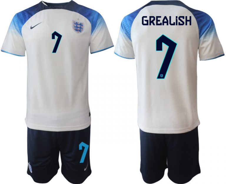 GREALISH #7 Herren England Fußball-WM 2022 Heimtrikot weiß blau Kurzarm + Kurze Hosen