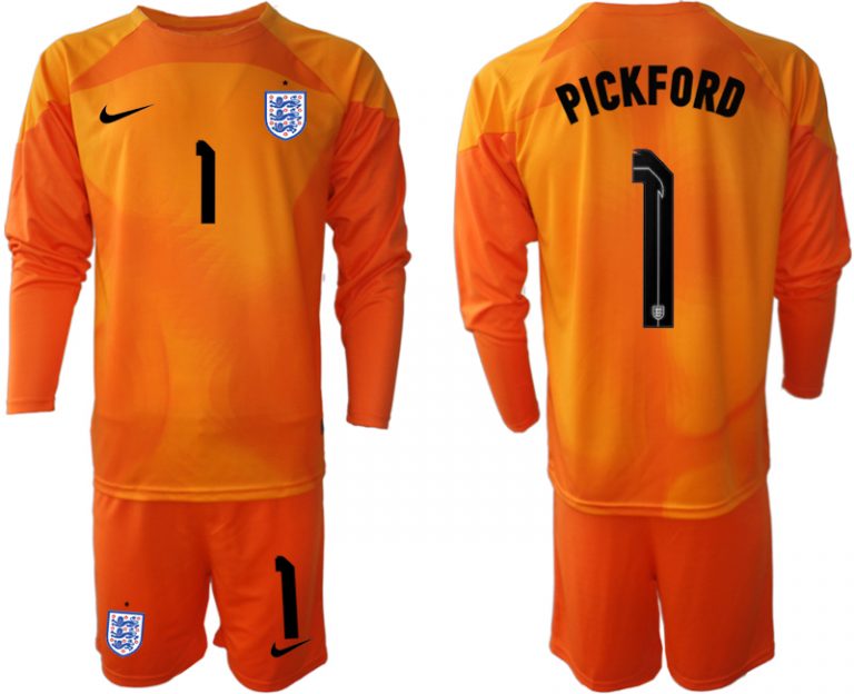 Herren England Torwarttrikot 2022/23 orange Trikotsatz Langarm + Kurze Hosen mit Aufdruck PICKFORD 1