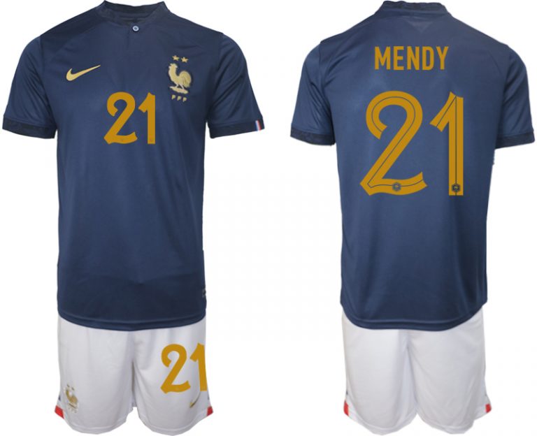 Herren Frankreich WM 2022 Heimtrikot Marineblau Kurzarm + Kurze Hosen MENDY 21