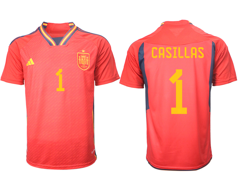 Herren Spanien FIFA WM Katar Heimtrikot Teampower Rot Kurzarm + Kurze Hosen CASILLAS 1