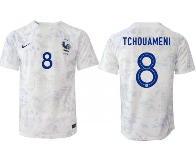 Neuen Herren Frankreich Trikot Fußball WM 2022-23 Auswärtstrikot weiß Kurzarm TCHOUAMENI 8