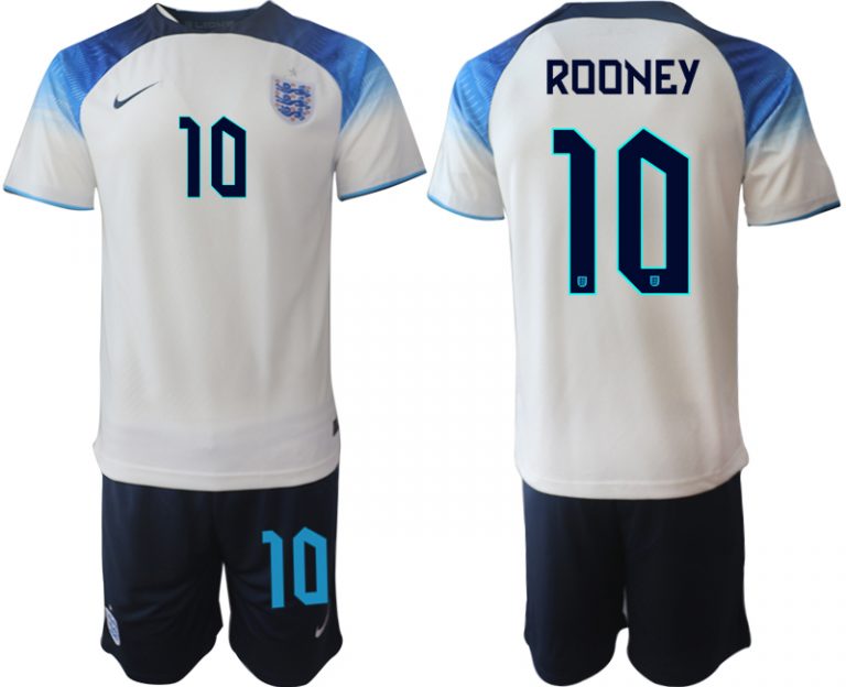 ROONEY #10 Herren England Fußball-WM 2022 Heimtrikot weiß blau Kurzarm + Kurze Hosen