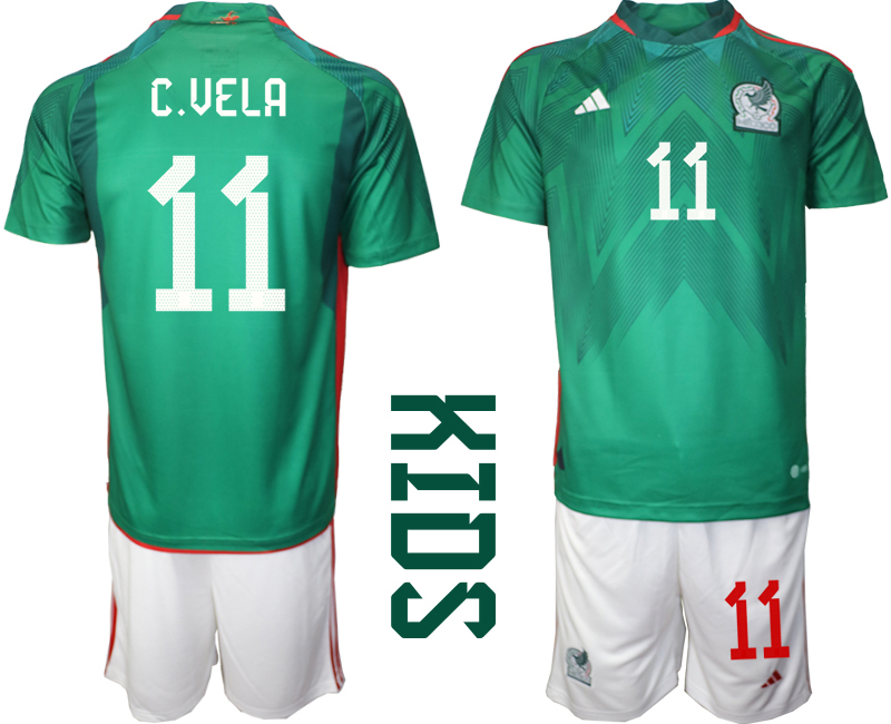 C.VELA 11 Kinder Heimtrikot Mexiko WM 2022 Grün Kurzarm + Kurze Hosen