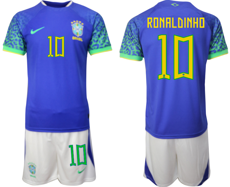 Herren Brasilien WM 2022 Auswärtstrikot blaue Fußballtrikots Set RONALDINHO 10