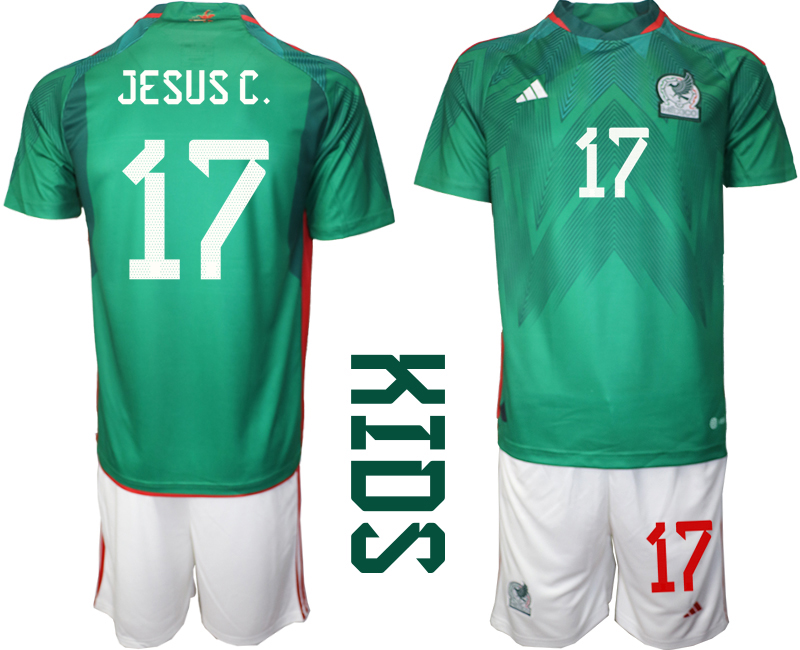 Kinder Heimtrikot Mexiko WM 2022 Grün Trikotsatz Kit mit Aufdruck JESUS C. 17