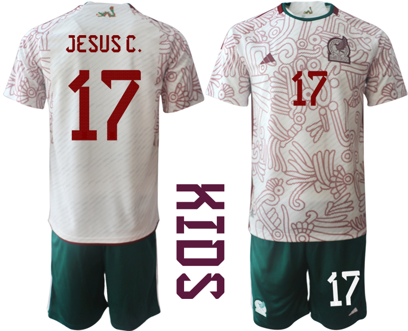 Kinder Mexiko 2022 WM Auswärtstrikot Kurzarm + Kurze Hosen mit Aufdruck JESUS C. 17