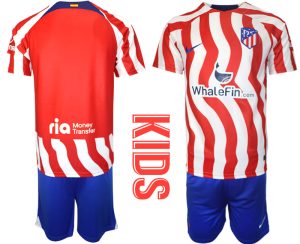 Personalisierbar Kinderheim Trikot Atlético Madrid 22-23 Kurzarm + Kurze Hosen