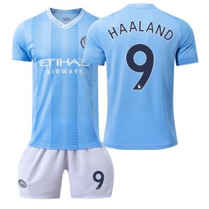 Neuen Herren Manchester City 2023-24 Heimtrikot Kurzarm + Kurze Hosen HAALAND 9