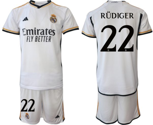 Herren Fußball Trikot Real Madrid 2023-24 Heimtrikot Kurzarm + Kurze Hosen RÜDIGER 22