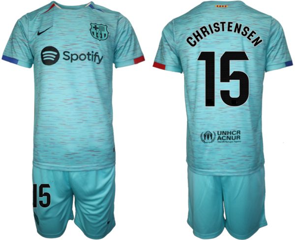 Herren Set FC Barcelona 2023-24 Drittes Trikot blau Kurzarm + Kurze Hosen Andreas Christensen 15