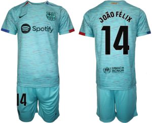 Herren Set FC Barcelona 2023-24 Drittes Trikot blau Kurzarm + Kurze Hosen Joao Felix 14