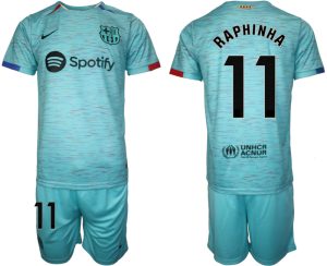 Herren Set FC Barcelona 2023-24 Drittes Trikot blau Kurzarm + Kurze Hosen Raphinha 11