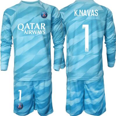 Kinder Günstige Paris Saint-Germain PSG Torwarttrikot Langarm Trikotsatz 2023-24 blau K.NAVAS 1