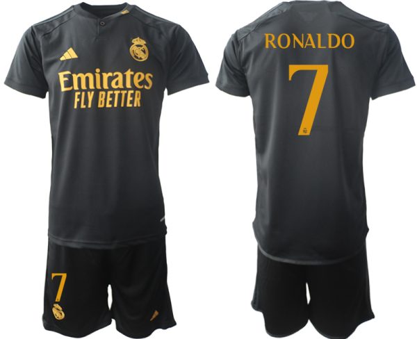 Real Madrid 2023-24 Drittes Trikot schwarze goldgelb Fußballtrikots Set Cristiano Ronaldo 7