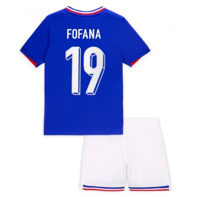 Kinder Frankreich Trikot EM 2024 Heimtrikot blau Kurzarm + weiß Kurze Hosen Youssouf Fofana 19